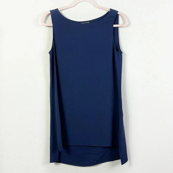 Eileen Fisher 100% Silk Georgette Crepe Ballet Neck Long Tank Tunic navy blue XS - Picture 1 of 8